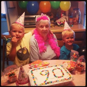Birds of a Feather Bunny Gaskins celebrates her 90th birthday with great-grandsons Brody (left) and Beckett.